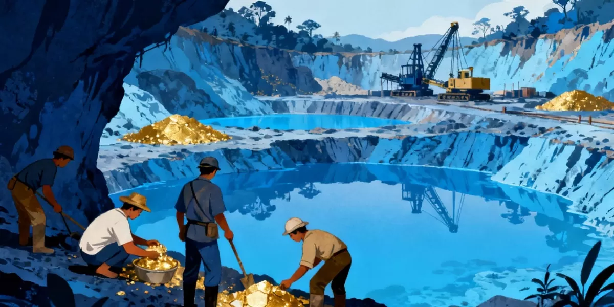 Ilustrasi tambang emas. Kawasan pesisir selatan Banyuwangi di sekitar tambang Tumpang Pitu menjadi perhatian terkait ekosistem laut dan aktivitas nelayan. (Dok. Kreasi Dola AI)