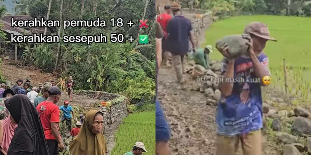 Mengintip aksi viral sesepuh di Purbalingga, Jawa Tengah yang saling membantu dalam pembangunan jalan pada wilayah desanya. (Instagram.com/@purbalinggaku)