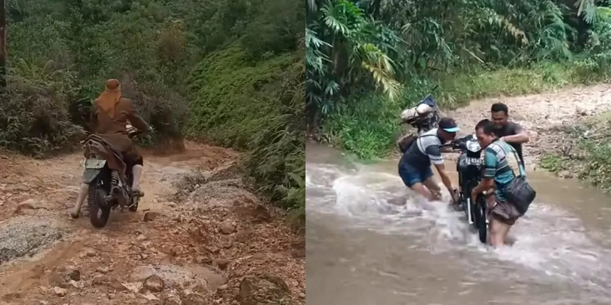 Viral jalan rusak dan terjal yang dilewati sehari-hari untuk mengajar di SD Negeri 08 Nenan Maek, Kabupaten Lima Puluh Kota, Sumbar. (TikTok/revo_matic)