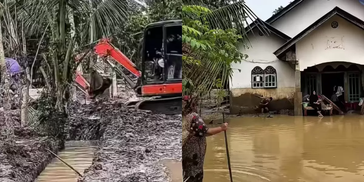 Warga di Aceh Timur harus menggunakan alat berat untuk bersihkan lumpur yang mengendap di rumahnya.  (Dok. Instagram/bg_dosen)
