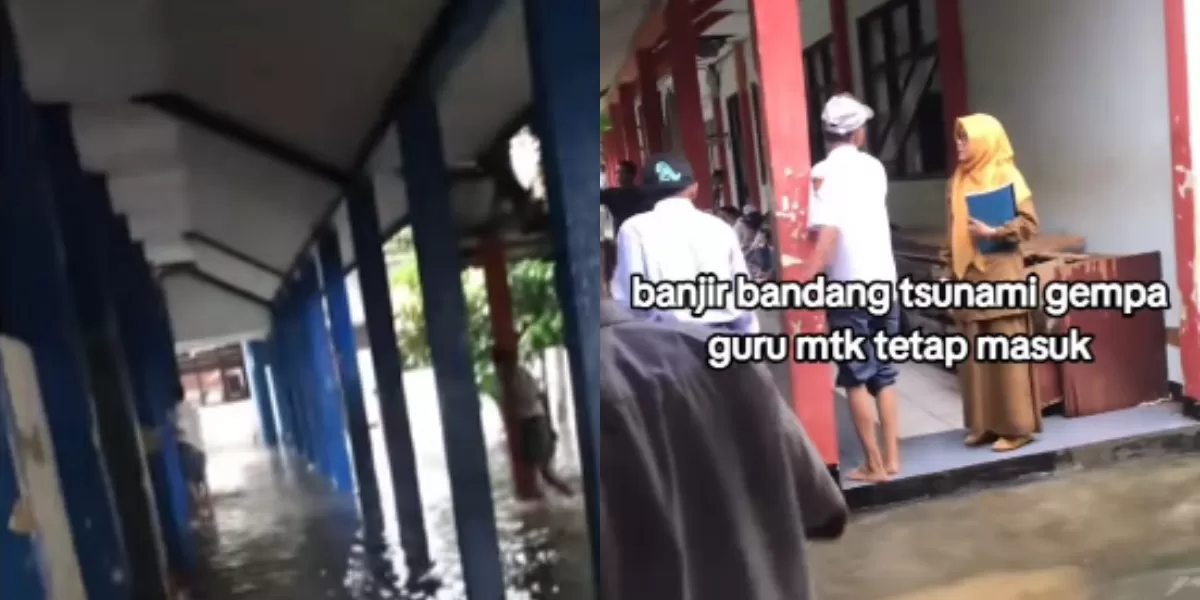 Mengintip peristiwa viral di medsos tentang seorang guru matematika di SMK Serang, Banten, yang tetap mengajar meski sekolahnya terendam banjir. (Dok. Instagram.com/@undercover.id)