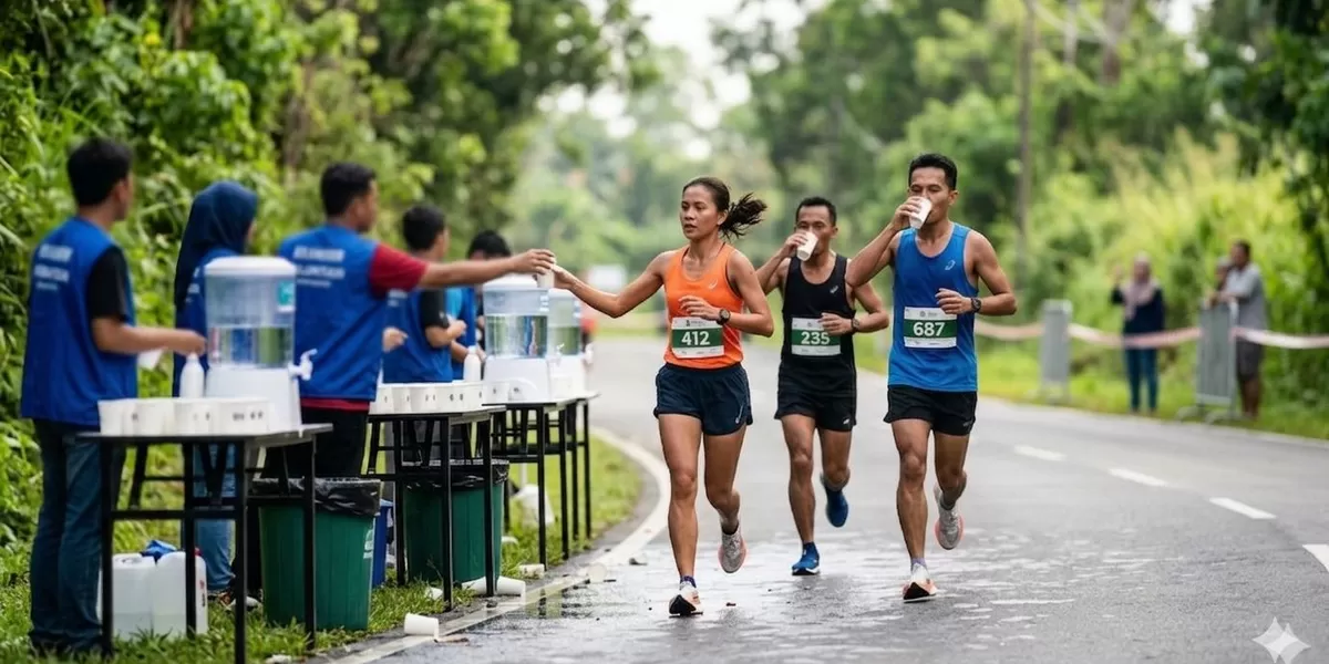 Hidrasi saat berlari itu penting bagi performa lari kamu. Perhatikan! (Pejuangkantoran.com/Made with Google AI)