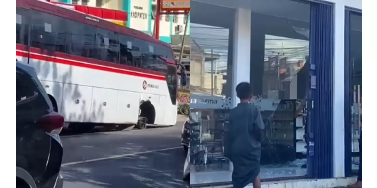 Insiden viral terkait ban bus primajasa yang meluncur ke arah apotek di jalan pertigaan Pamoyanan, Tasikmalaya.  (Instagram.com/@tasiknet)