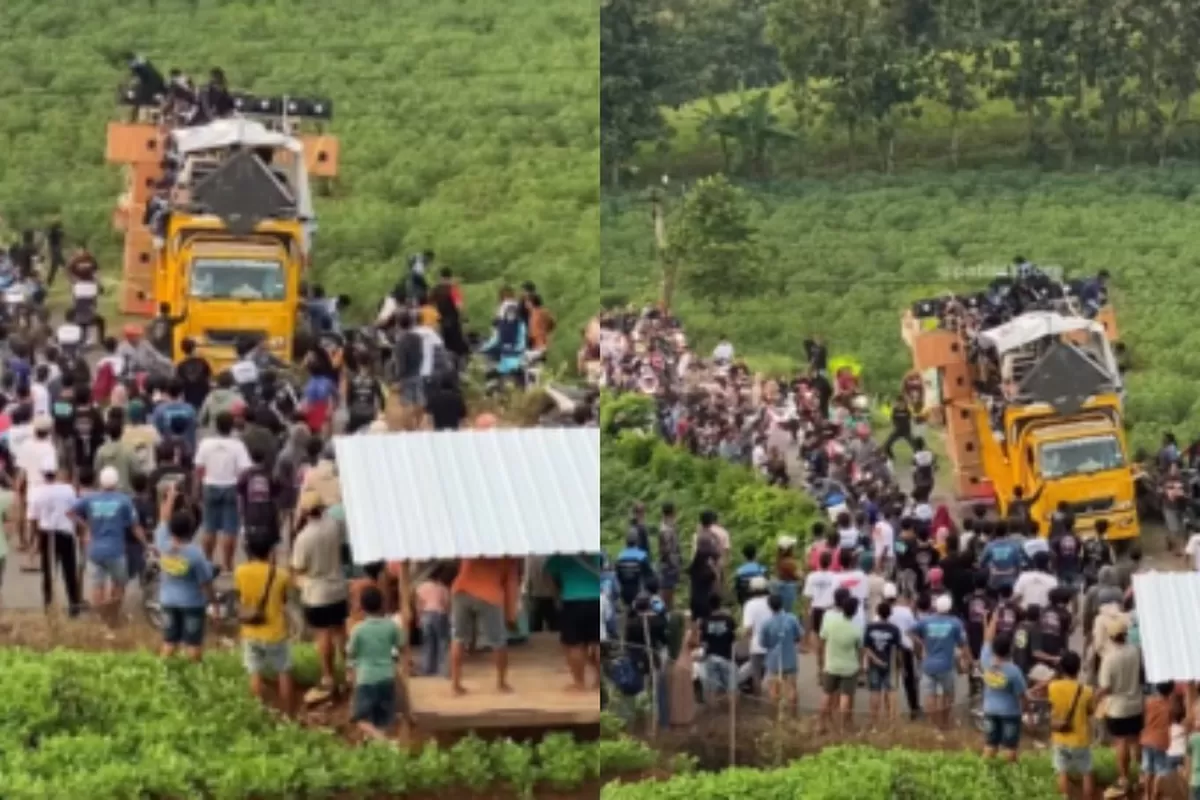 Detik-detik Truk Sound Horeg di Pati Gagal Nanjak: Mundur Hantam 2 Motor, Kru Panik Terjun ke Ladang