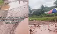 Viral ‘Wisata Kubangan’ di Purbolinggo Lampung Timur, Anak-Anak Berendam di Jalan Rusak