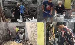 Puluhan Warga Bahu membahu bersihkan sisa kebakaran Rumah Warga di Desa Cicadas.