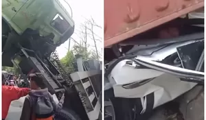 Diduga Tidak Kuat Menanjak Truk Kontainer Timpa Mobil Sampai Ringksek, Begini Keadaan Supir Mobil