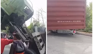 Truk Kontainer Timpa Sebuah Mobil di Bundaran Kamal, Sopir Terjepit di Dalam Mobil