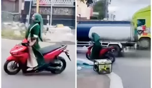 Aksi Nyeleneh Seorang Emak-emak di Juwana, Pati yang Naik Motor Sambil Berdiri hingga Hampir Terserempet Truk