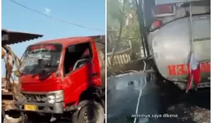 Truk Tangki Bermuatan 7 Ton Minyak Goreng Terguling di Mojokerto, Sopir Hanya Bisa Pasrah Muatan di Jarah Warga