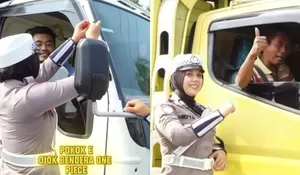Polwan Satlantas Pasuruan Bagikan Bendera Merah Putih ke Sopir Truk, Jangan Pasang One Piece