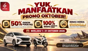 Promo Oktober Bapenda Sulsel, Wajib Pajak Kendaraan Dapat Diskon Pokok PKB hingga 50 Persen dan Bebas Denda