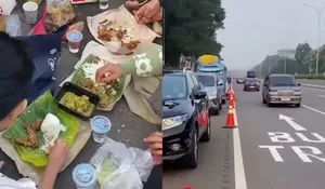 Momen Petugas Satlantas Datangi dan Tegur Rombongan Pemudik yang Sedang Makan di Bahu Jalan Tol Cipali
