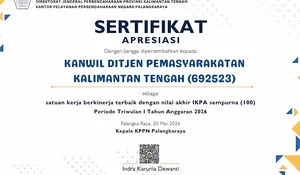 Torehkan IKPA Sempurna 100, Kanwil Ditjenpas Kalteng Sabet Predikat Satker Berkinerja Terbaik dari KPPN Palangka Raya