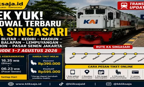 CEK YUK! Jadwal Terbaru KA Singasari Rute Blitar - Kediri - Madiun - Solo Balapan - Lempuyangan - Cirebon - Pasar Senen Periode 1–7 Agustus 2026