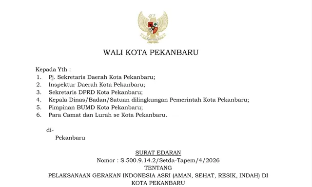 Wako Pekanbaru Terbitkan SE Gerakan Indonesia ASRI, Ini Detail Kegiatannya