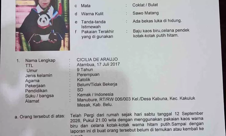 BREAKING NEWS: Anak 9 Tahun di Belu Hilang Misterius Sejak Sabtu Malam, Polisi Sebar Ciri-Ciri Korban