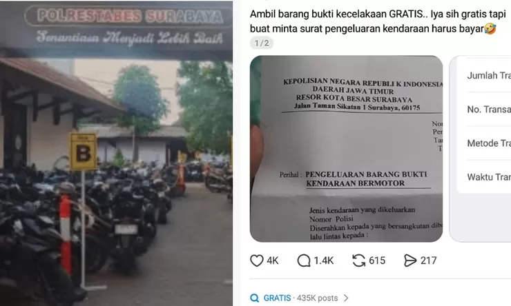 Viral Warga Diminta Rp1 Juta saat Ambil Motor Barang Bukti di Surabaya, Polisi Tegaskan Gratis