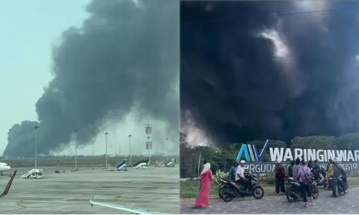 Asap Hitam Kebakaran Pabrik Lampu Tangerang Membubung hingga Bandara Soetta, 3 Blok Gudang Terbakar