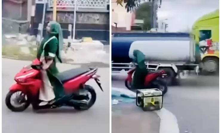 Aksi Nyeleneh Seorang Emak-emak di Juwana, Pati yang Naik Motor Sambil Berdiri hingga Hampir Terserempet Truk