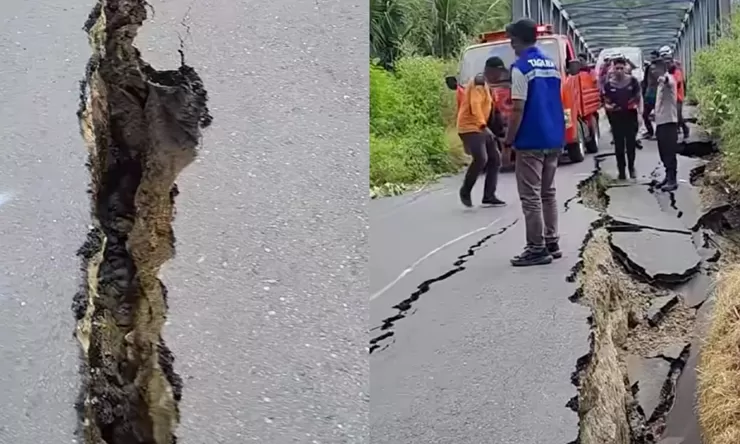 Aspal retak hingga terbelah, Jalan Trans Flores tak bisa dilewati mobil muatan berat: Akses menuju jembatan rusak