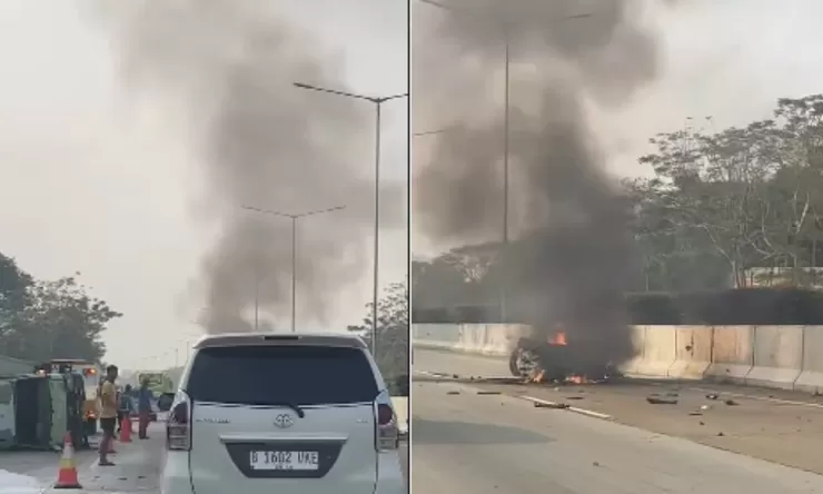 Detik-detik mobil Subaru tabrak truk di area Jalan Tol Serpong-Cinere: Baru masuk arah BSD