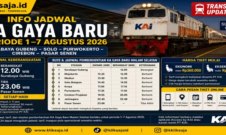 Info Jadwal KA Gaya Baru Malam Selatan Periode 1–7 Agustus 2026, Berangkat dari Surabaya Gubeng - Solo - Purwokerto - Cirebon - Pasar Senen Jakarta 