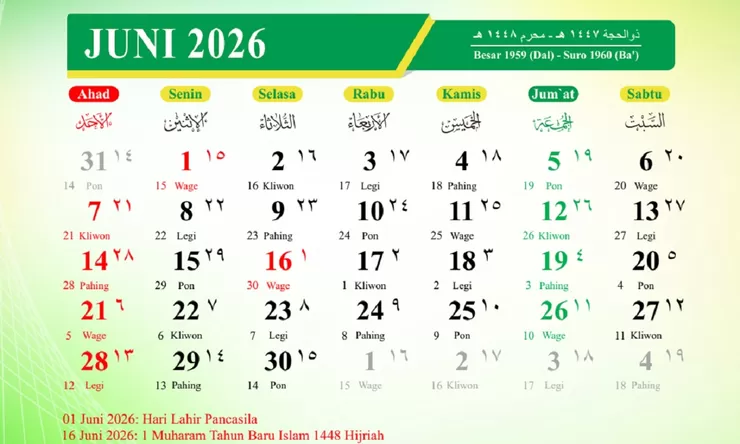 Kalender Juni 2026, Catat Deretan Hari Besar Nasional, Internasional, Libur dan Cuti Bersama