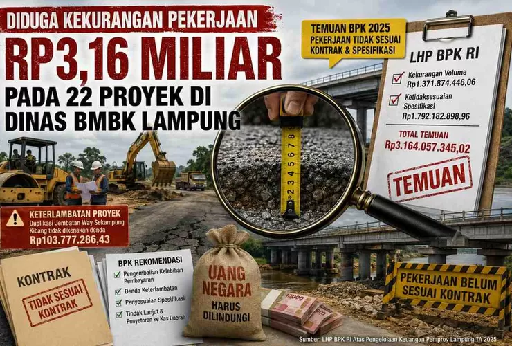BPK Temukan Rp3,16 Miliar pada 22 Proyek di Dinas BMBK Lampung