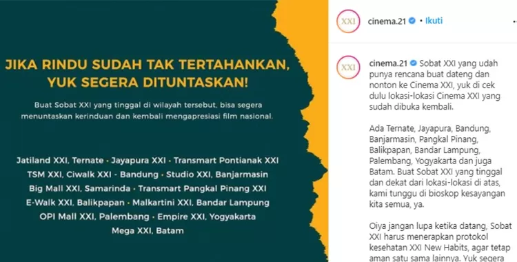 Daftar Cinema XXI Yang Buka Di 10 Kota, Penting Lakukan Ini Sebelum ...