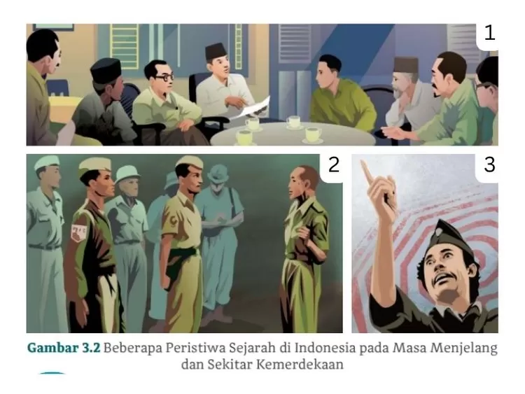 Petunjuk gambar peristiwa sejarah kemerdekaan Indonesia dalam materi Bahasa Indonesia kelas 11 halaman 55 Kurikulum Merdeka