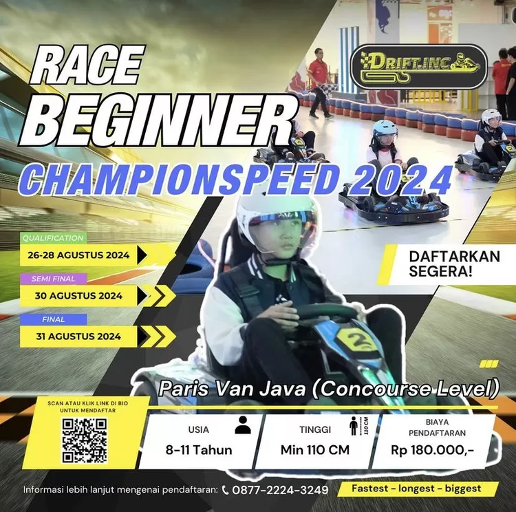 Ikuti lomba gokart "Beginner Champion Speed 2024" di Drift.Inc Bandung! Daftar sekarang dan raih hadiah menarik di trek terpanjang!