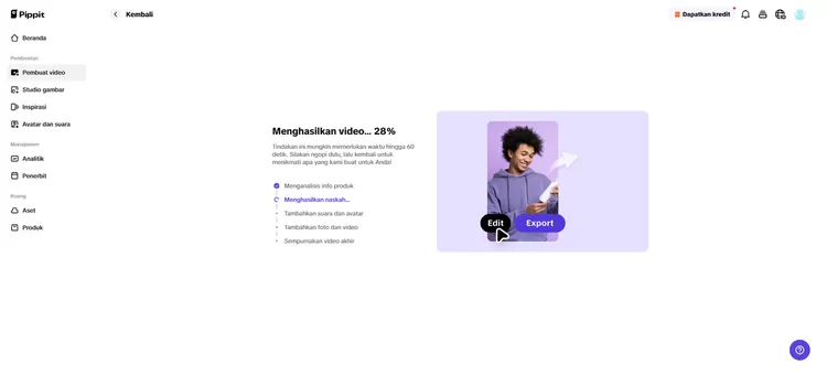 Proses editing video pada platform Pippit