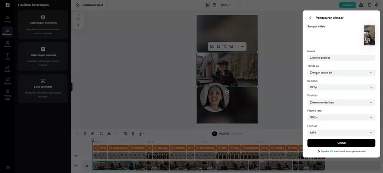 Tampilan Export pada platform Pippit
