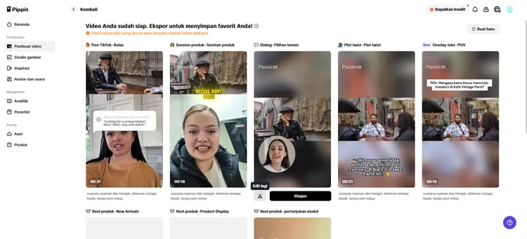 Tampilan berbagai video yang bisa dipilih oleh user Pippit