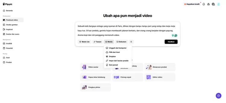Tampilan menu Pippit untuk mengedit video