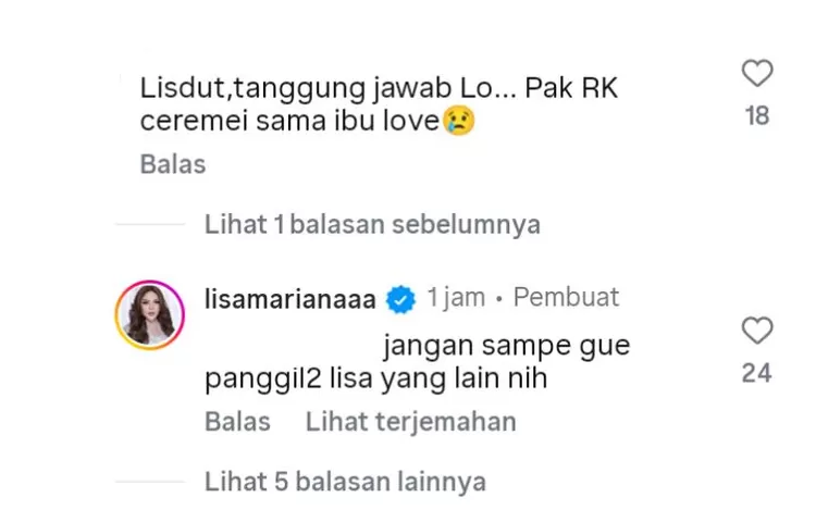 Lisa Mariana merespons netizen yang menyinggung dirinya terkait kabar perceraian Ridwan Kamil dan Atalia Praratya