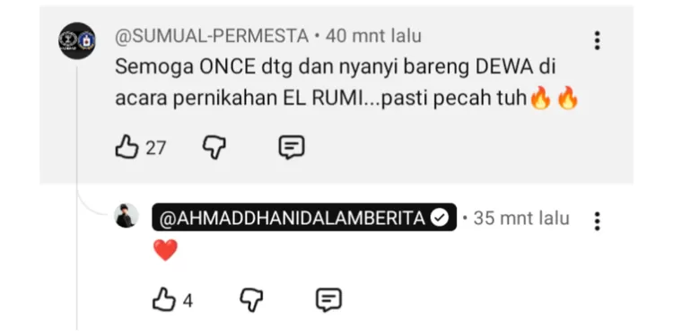 Ahmad Dhani merespons permintaan untuk mengundang Once saat El Rumi dan Syifa Hadju menikah