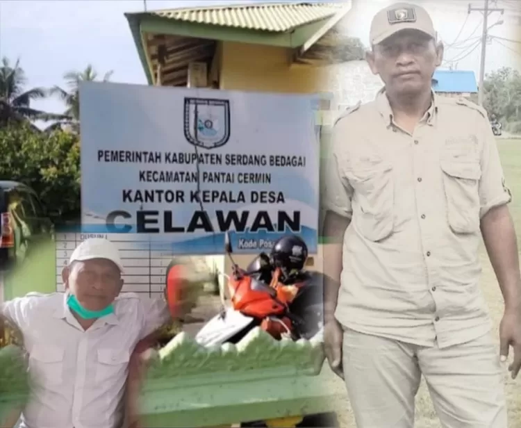 Kolase foto Kepala Desa Celawan, Pantai Cermin, Serdang Bedagai, Tuhadi berlatarbelakang kantor Desa Celawan. Tuhadi diduga kuat menyandera dana desa tahun anggaran 2025 untuk kepentingan pribadi