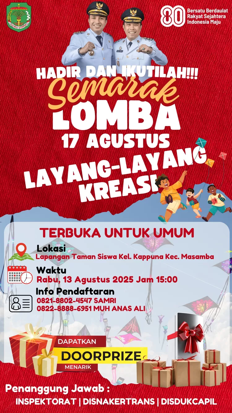 Hiasi Langit Masamba, Pemda Lutra Gelar Lomba Layang-layang Kreasi Sambut HUT ke-80 RI
