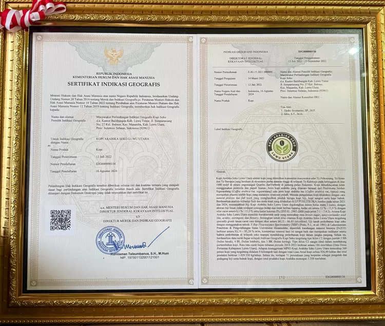Kopi Arabika Seko Luwu Utara Resmi Terima Sertifikat Indikasi Geografis