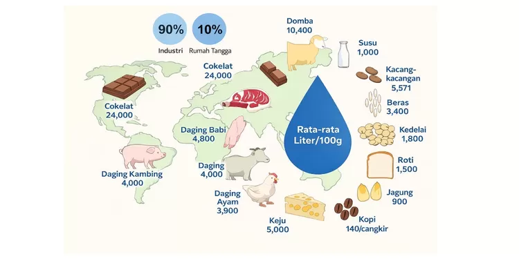 Water foot print, jejak air pada bahan yang sering kitabkonsumsi. Ilustrasi: istimewa.