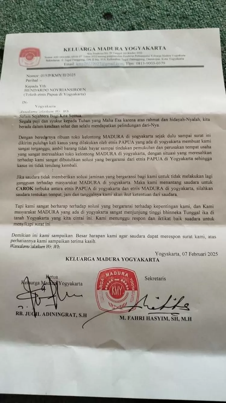 Geger Surat Keluarga Madura Yogyakarta Tantang Tokoh Etnis Papua, Pinta Jaminan Keamanan atau Carok Terbuka