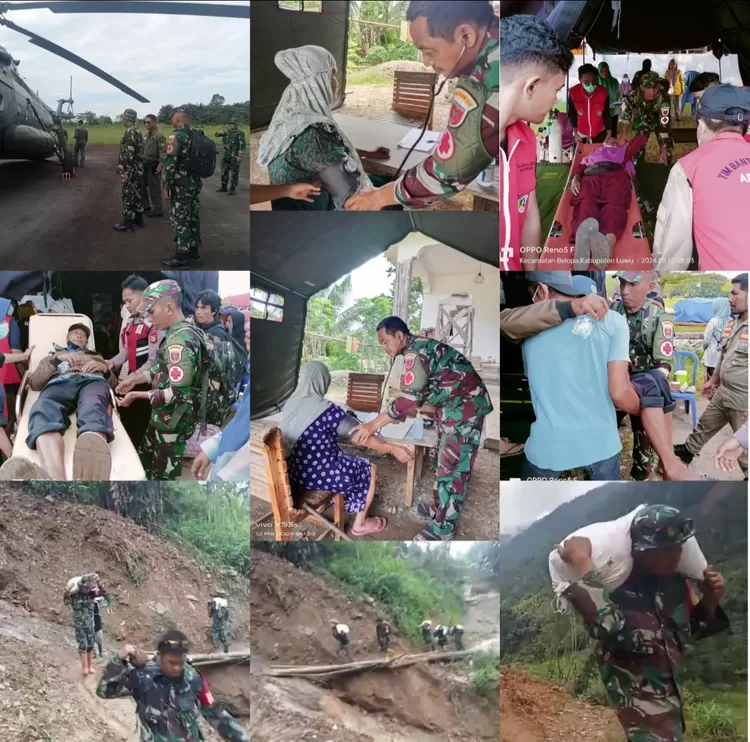 Personel prajurit TNI AD dari Kodam XIV/Hasanuddin Makassar mengevakuasi para pengungsi dari lokasi bencana banjir bandang dan tanah longsor di Kabupaten Luwu, Sulsel dan melakukan pendistribusian bantuan ke lokasi bencana dari pemerintah, swasta, dan civil society
