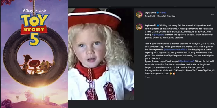 Lagu terbaru Taylor Swift I Knew It, I Knew You untuk film Toy Story 5. (IG: taylorswift)