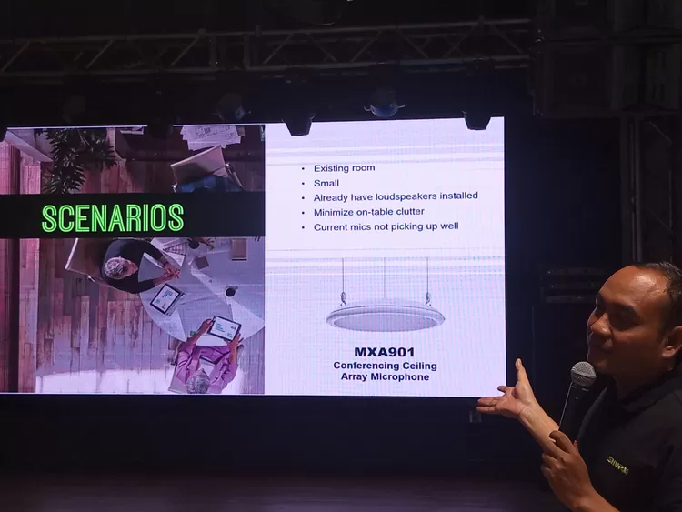 Perwakilan distributor Shure Indonesia menjelaskan bahwa penggunaan mikrofon akan disesuaikan dengan kebutuhan dan skala ruang meeting