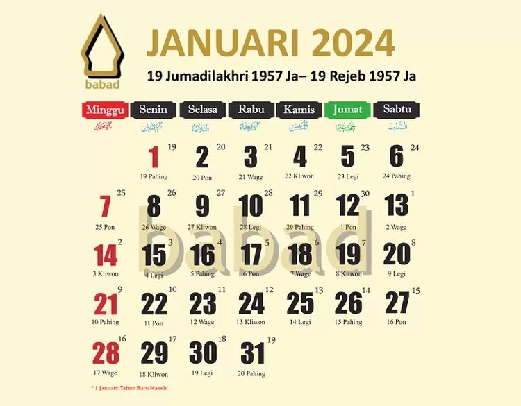 Free Download Kalender Jawa Januari 2024 Lengkap Dengan Weton Dan Hari ...