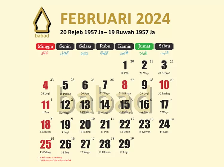 Free download kalender Jawa Februari 2024 lengkap dengan daftar hari libur nasionalnya