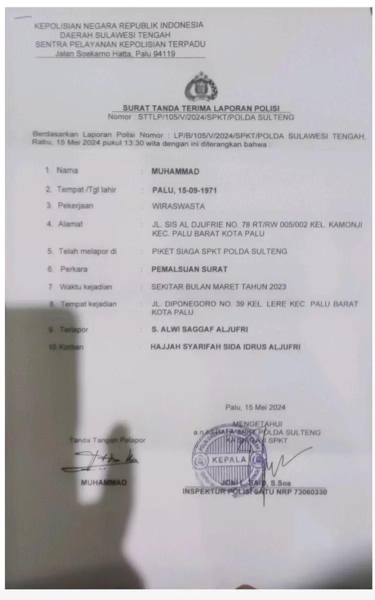 Surat tanda terima Laporan dari Polda Sulteng. Foto: dok LBH Sulteng