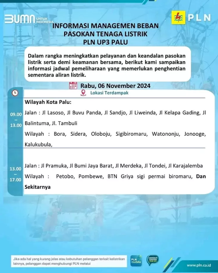 Jadwal pemadaman listrik di Palu.